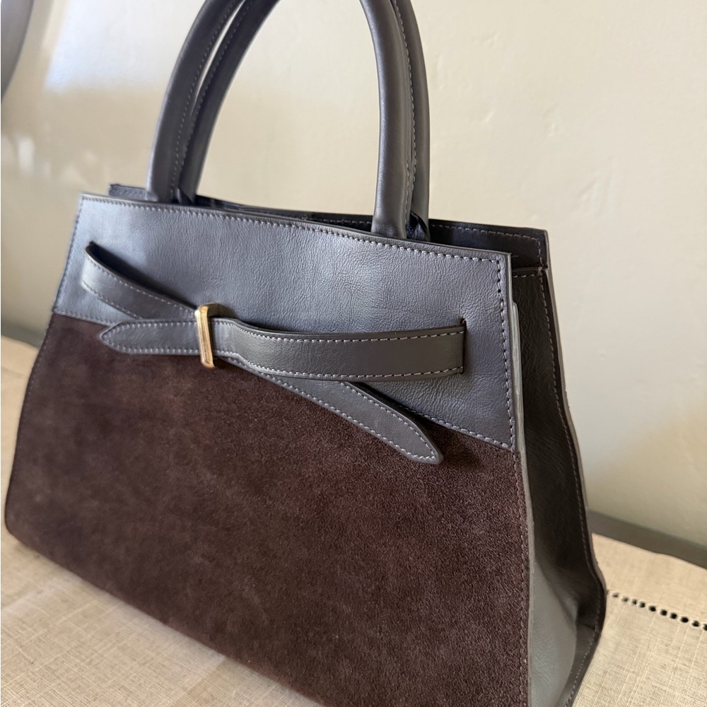 Structured Brown Suede & Leather Top-Handle Handbag - Picture 2 of 10